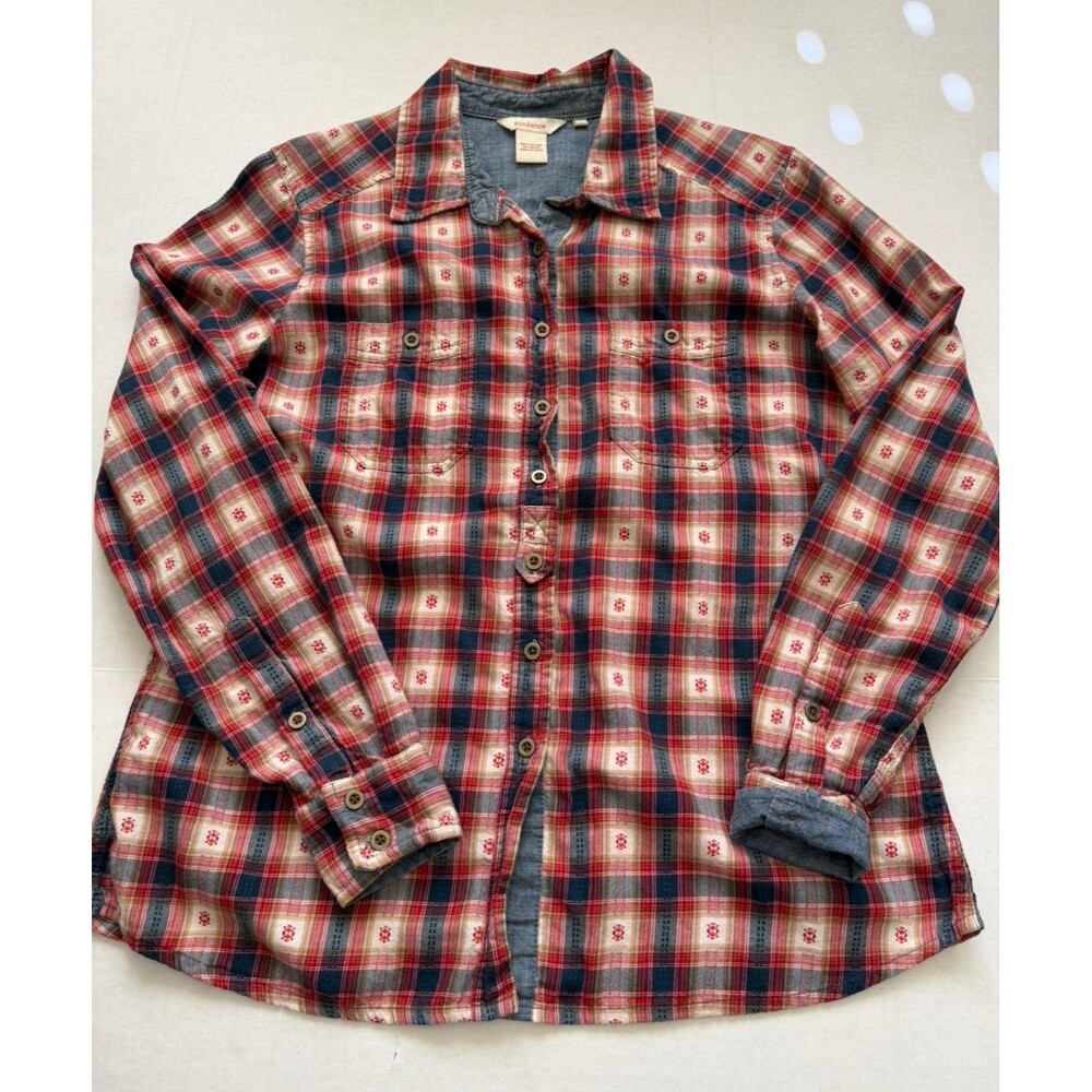 Sundance Catalog Western Plaid Embroidered Button Down Shirt Chambray Medium